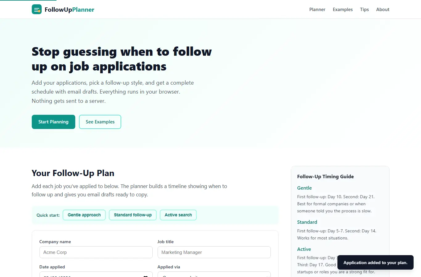 Screenshot of Job Application Follow Up Planner interface showing the project page in use